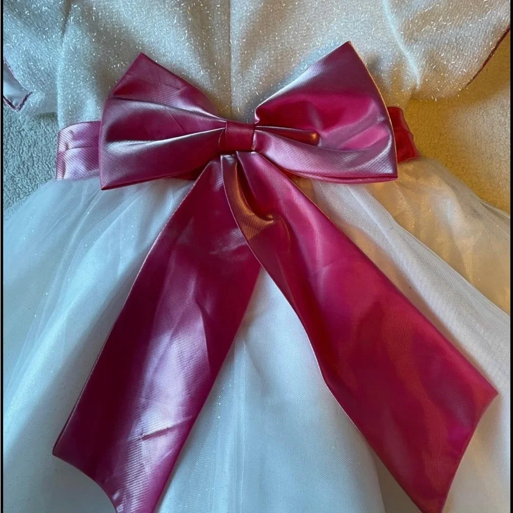Fancy Christmas/Holidays Dress, frosty white with pink satin bow. Girls Sz 8